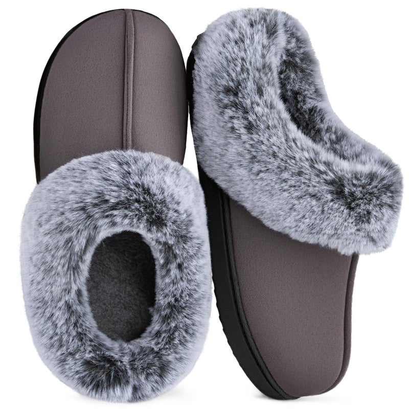 HomeTop Women's Classic Microsuede Memory Foam Slippers Durable Rubber Sole with Warm Faux Fur Collar (7-8 M, Dark Gray) - Image 1